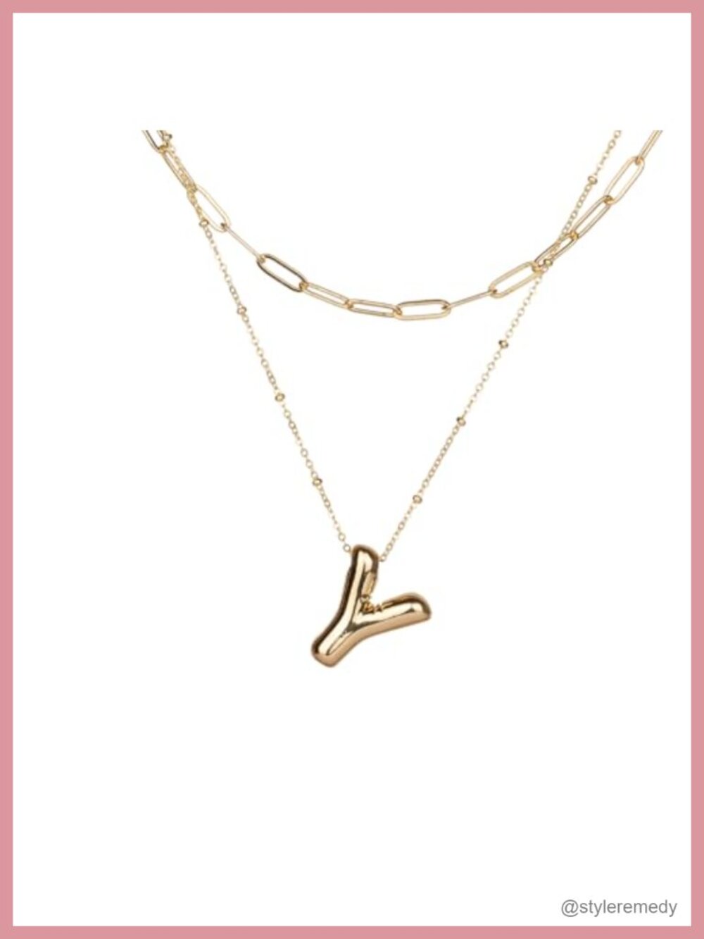 Gold Layered Initial Necklace Set with Bubble Letter Pendant and Paperclip Chain